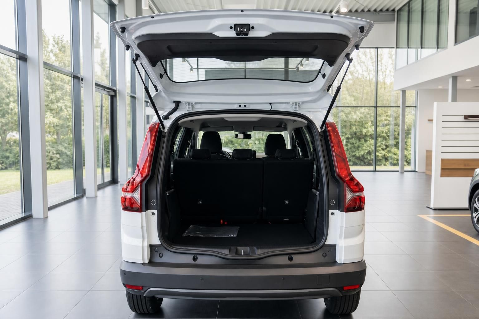 Weißer SUV mit geöffnetem Kofferraum zeigt großzügigen Laderaum im Autohaus Showroom