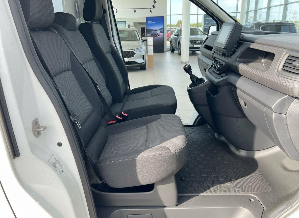 Volkswagen Transporter Innenraum mit Dreifachsitzbank und Schaltgetriebe im Autohaus