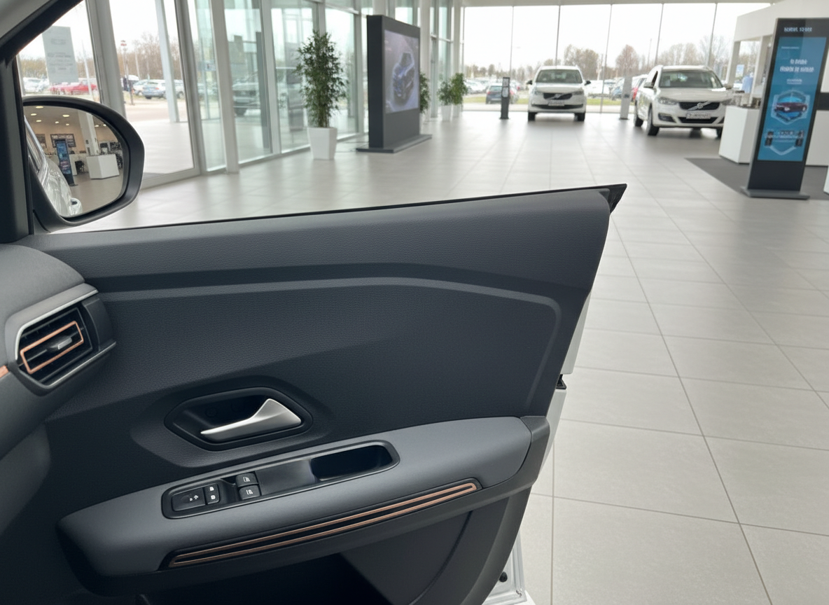 Fahrzeuginnenraum Fahrertür mit Kupfer-Akzenten im Autohaus Showroom