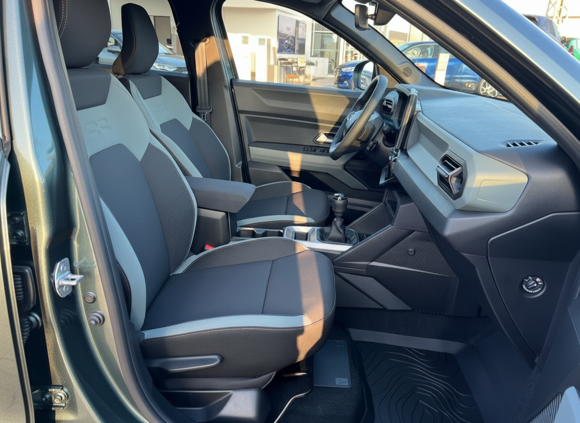 Dacia Duster Innenraum Beifahrerseite mit Stoffsitzen in Schwarz-Grau und Schaltgetriebe