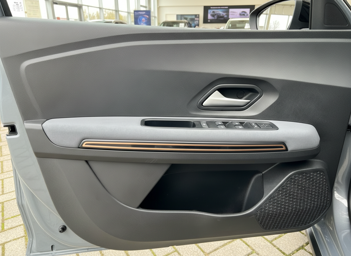 Fahrzeugtür Innenansicht mit Fensterheber, Lautsprecher und Kupfer-Zierleiste im Autohaus