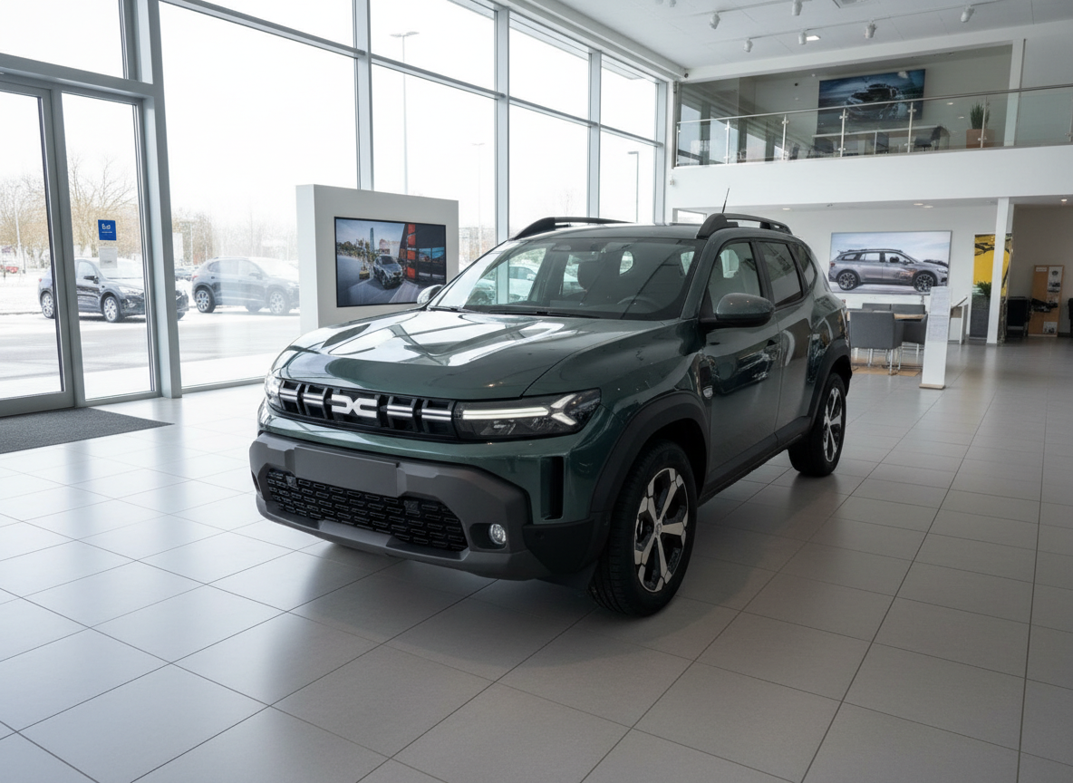 Dacia Duster SUV in Dunkelgrün im Autohaus Showroom Frontansicht