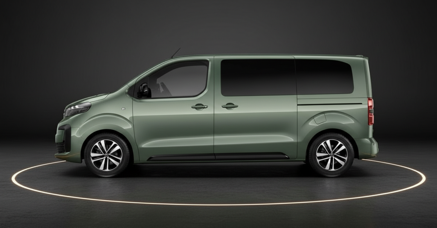 Grüner Opel Zafira Life Minivan in Seitenansicht auf dunklem Studiohintergrund