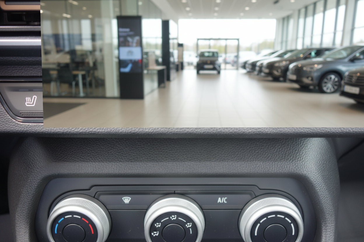 Fahrzeuginnenraum mit Klimaanlage-Bedienelementen und Sitzheizung in einem Autohaus