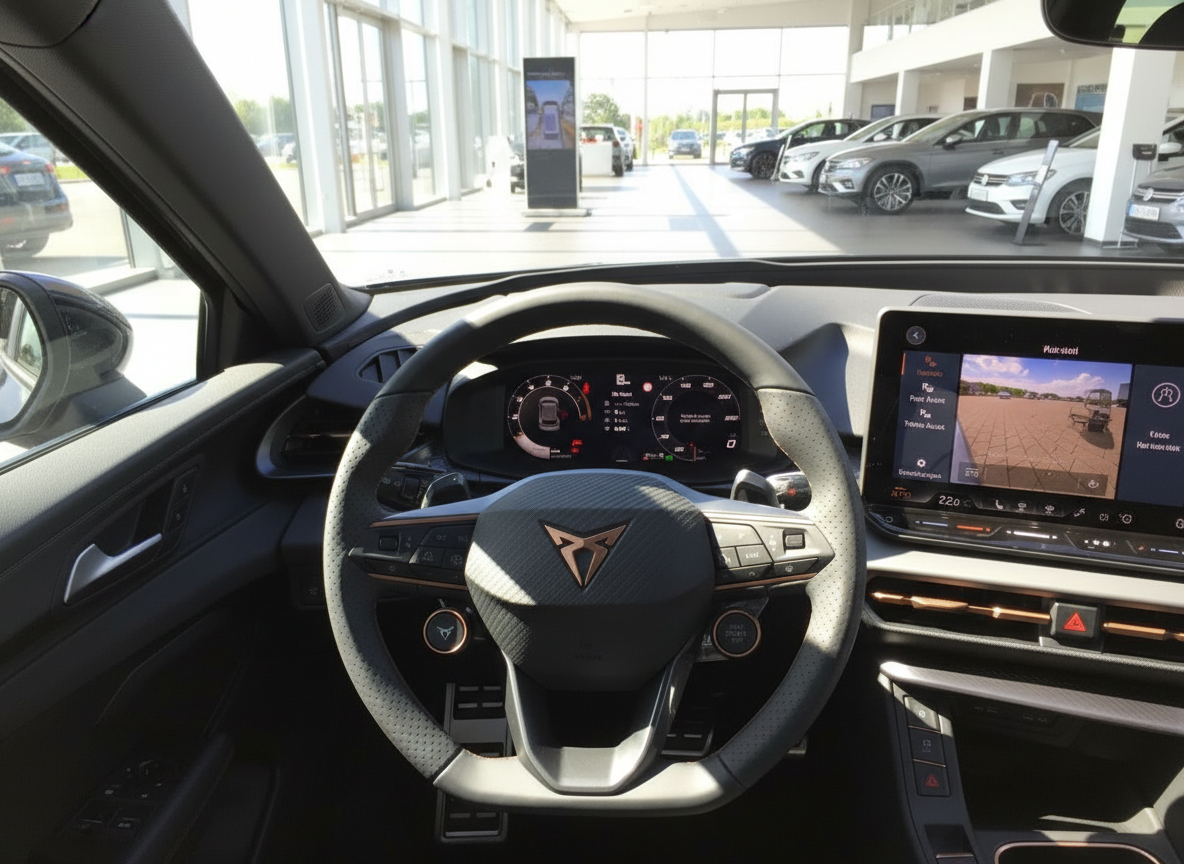 CUPRA Innenraum mit Lenkrad, digitalem Cockpit und Infotainment-Display im Autohaus