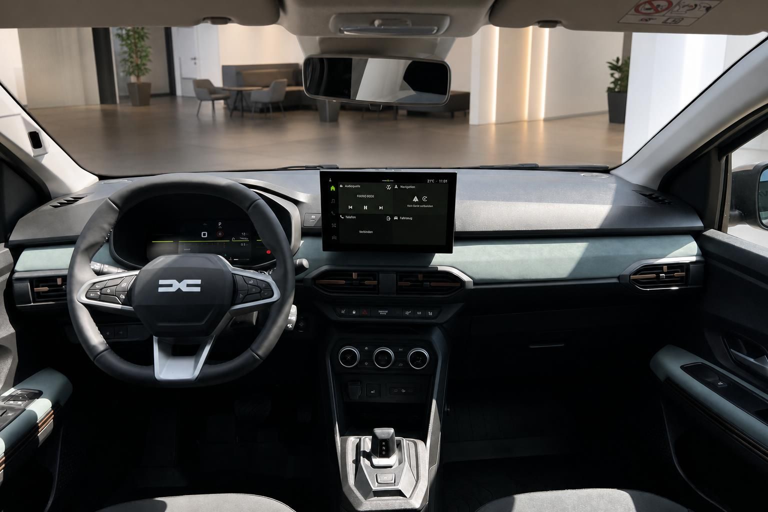 Fahrzeug Cockpit mit digitalem Display, Lenkrad und moderner Instrumententafel