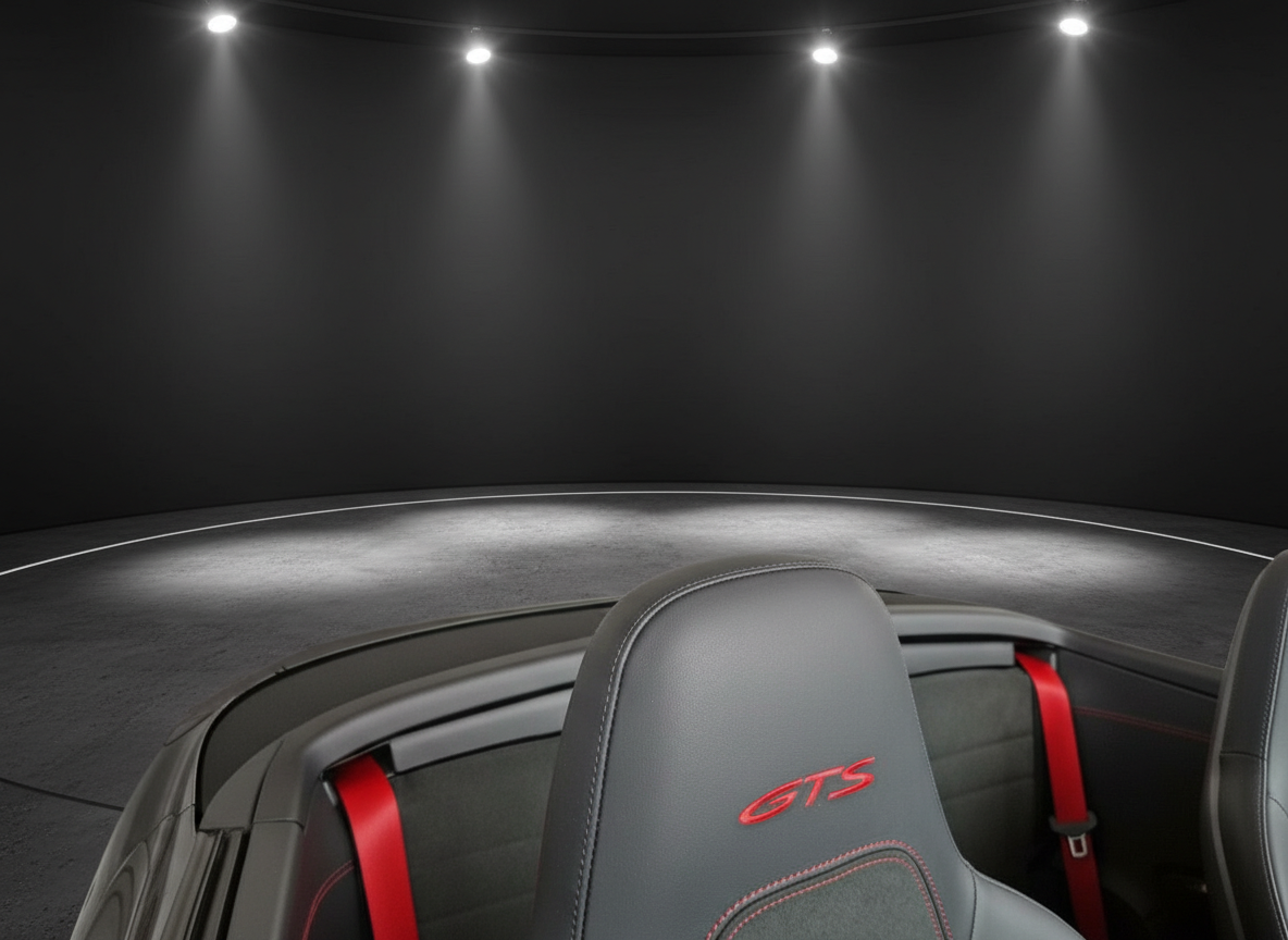 Porsche GTS Cabriolet Innenraum mit grauen Ledersitzen, rotem GTS-Logo und roten Sicherheitsgurten
