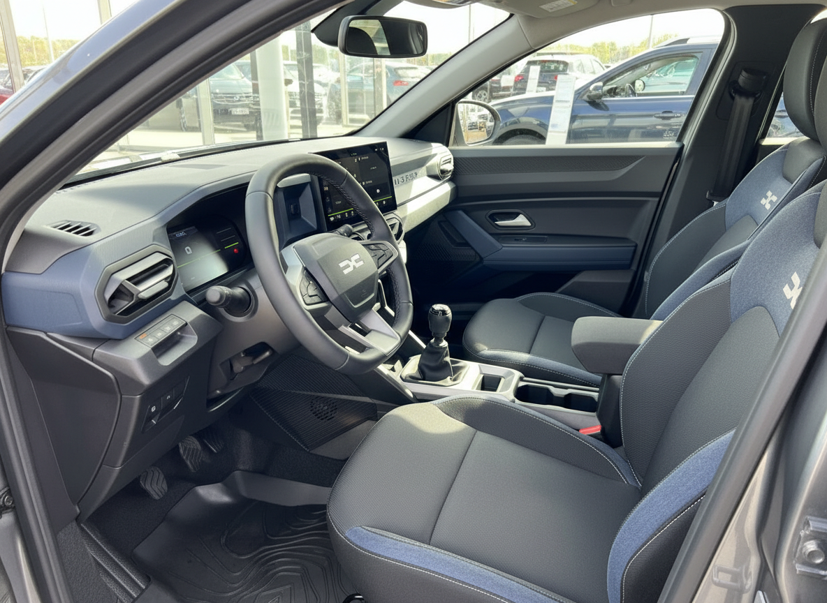 Dacia Innenraum mit Lenkrad, Infotainment-Display und Schaltgetriebe – modernes Cockpit