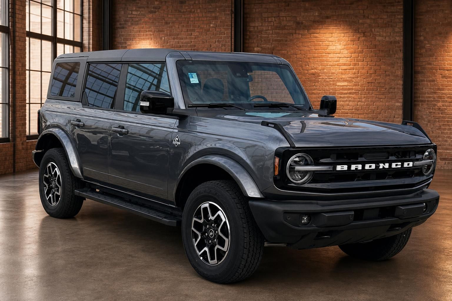 Ford Bronco grau metallic Frontansicht seitlich in Loft-Ausstellungsraum
