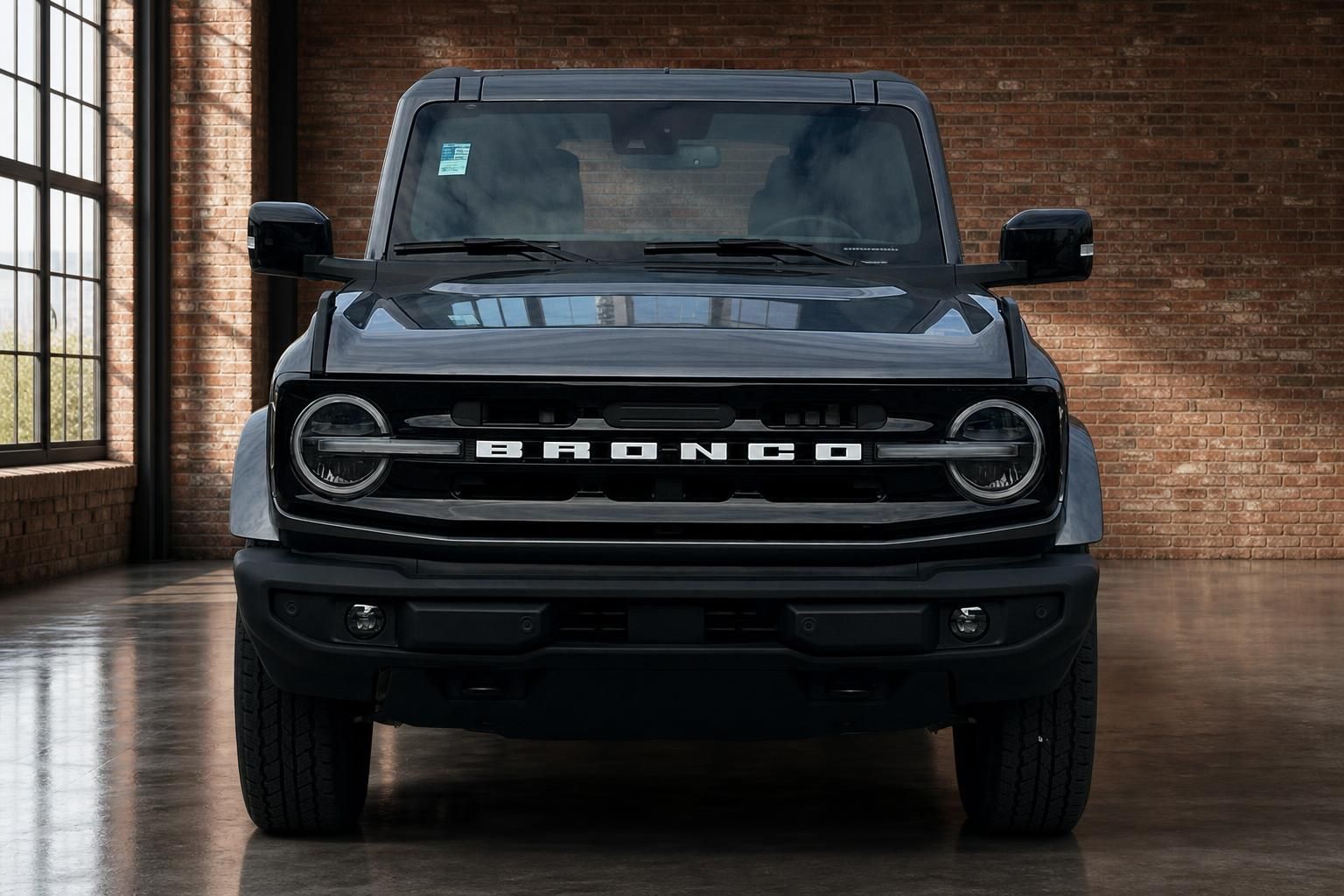 Ford Bronco schwarz Frontansicht mit markantem Kuehlergrill in Halle