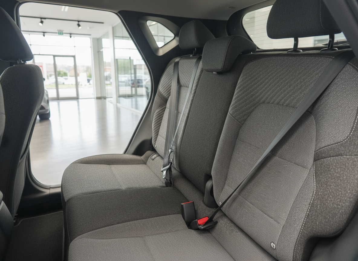 Fahrzeuginnenraum Rücksitzbank grauer Stoffbezug mit Sicherheitsgurten im Autohaus