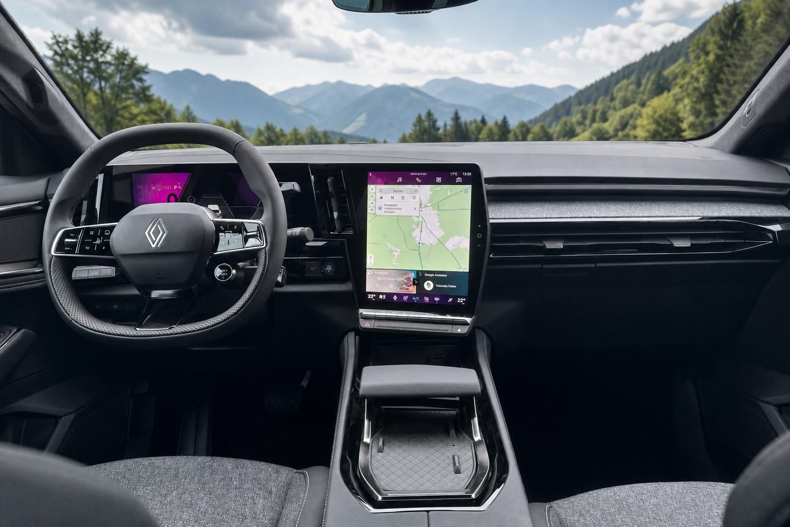Renault Austral Cockpit mit Touchscreen-Display und Bergpanorama durch Windschutzscheibe