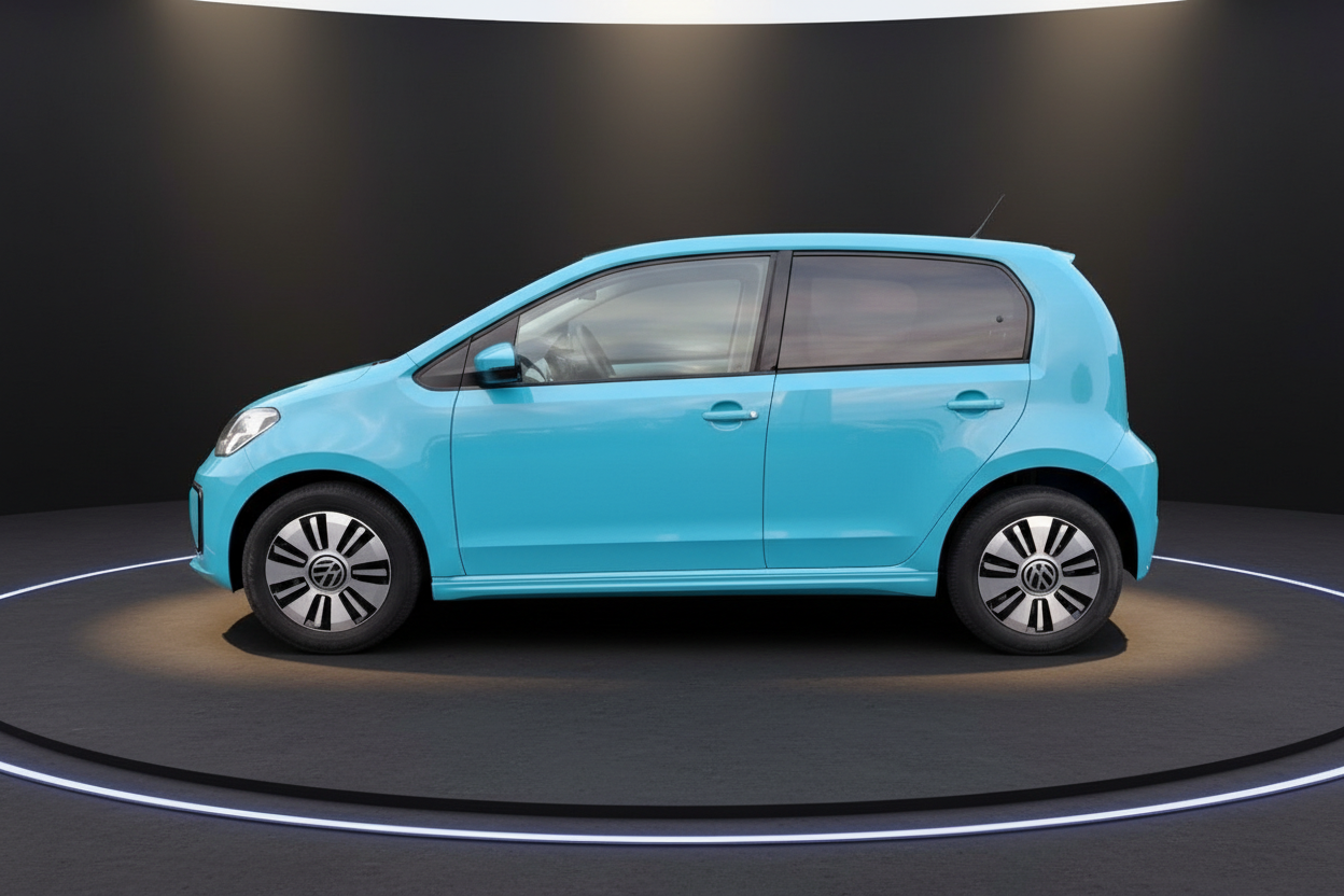 Volkswagen e-up! in Hellblau – Seitenansicht des kompakten Elektrofahrzeugs