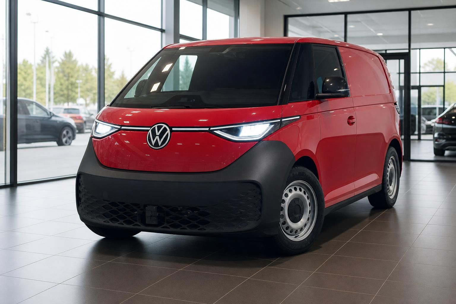 VW ID. Buzz Cargo rot Frontansicht im Autohaus – elektrischer Transporter