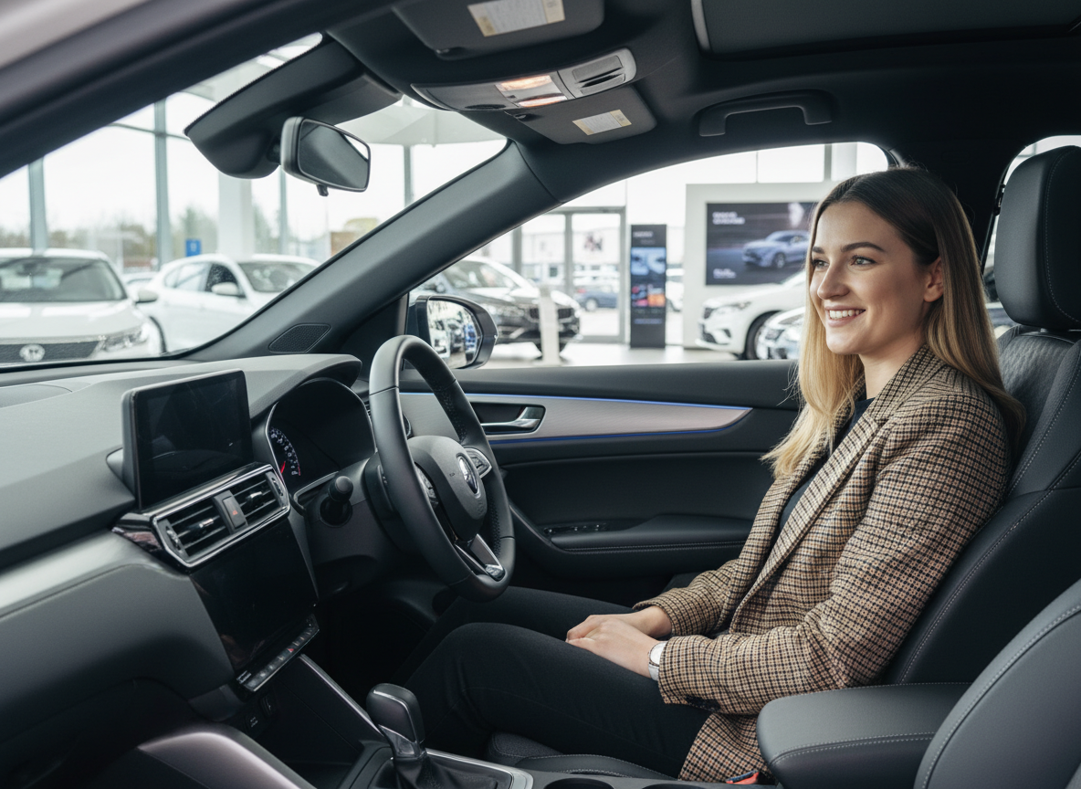 Frau sitzt lächelnd im Innenraum eines modernen Fahrzeugs bei einem Autohaus