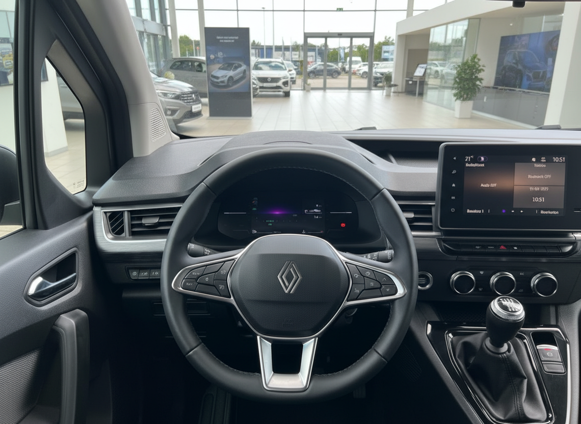 Renault Innenraum mit Lenkrad, Digitalanzeige und Touchscreen-Infotainment im Autohaus