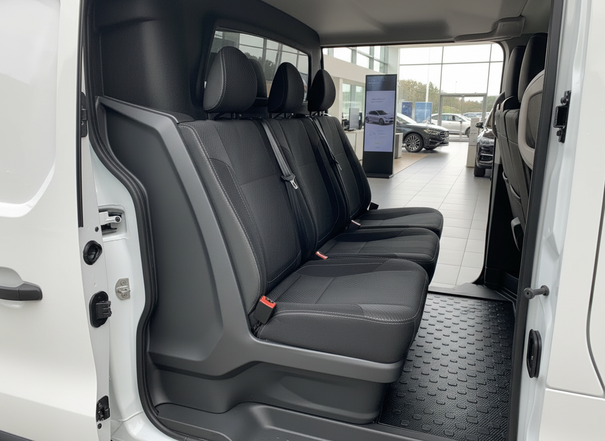 Innenraum eines weißen Transporters mit schwarzer Dreier-Sitzbank und Sicherheitsgurten im Autohaus