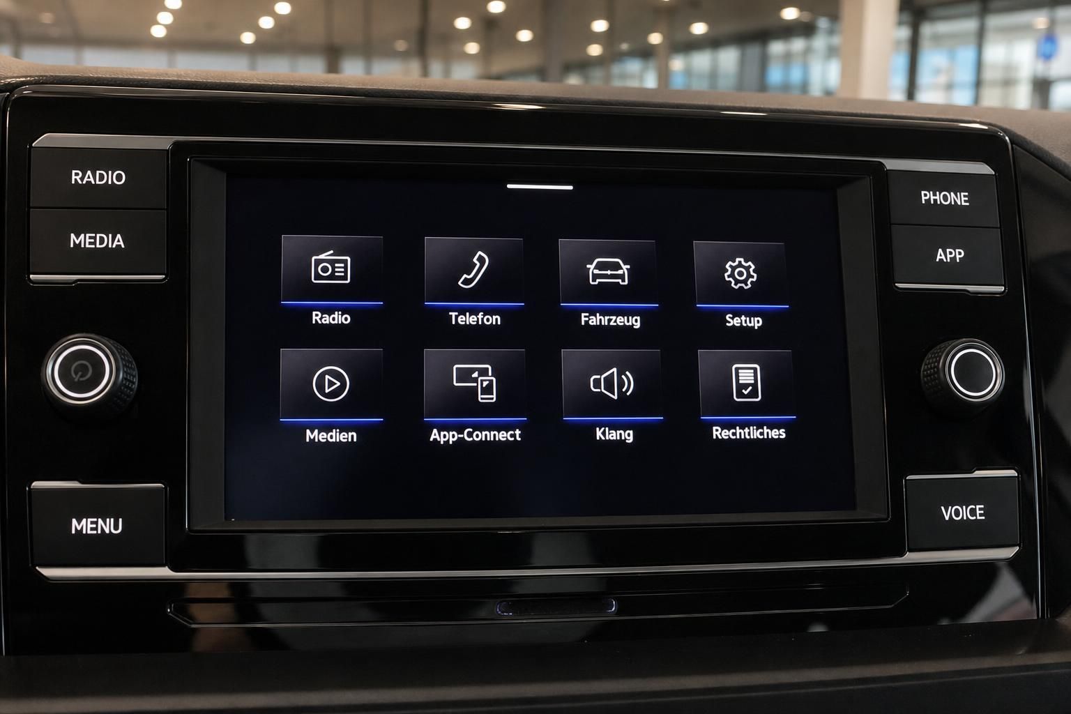 VW Infotainment-Display mit Menüübersicht im Fahrzeug