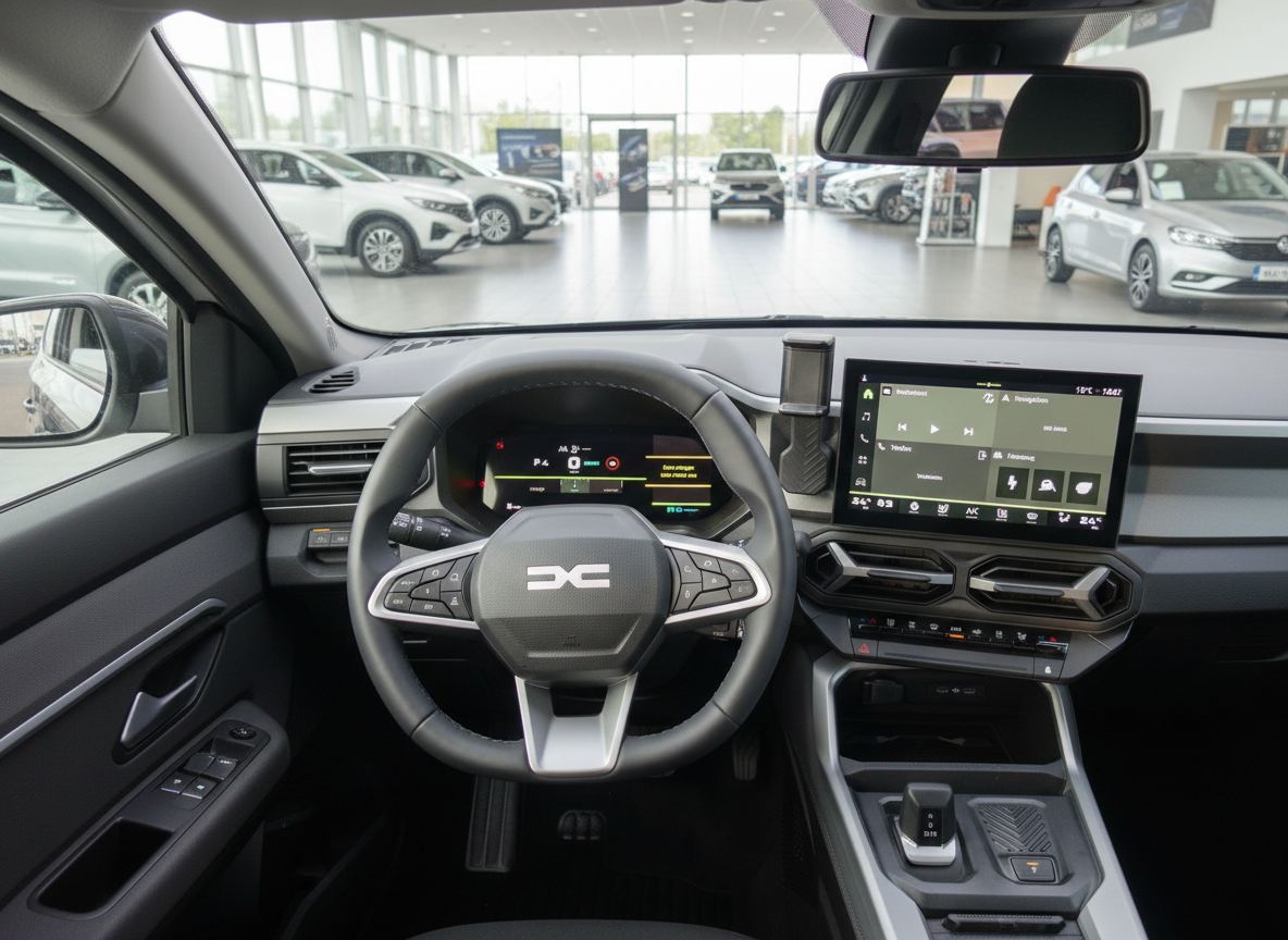 Dacia Innenraum mit digitalem Kombiinstrument und Touchscreen-Infotainmentsystem im Autohaus