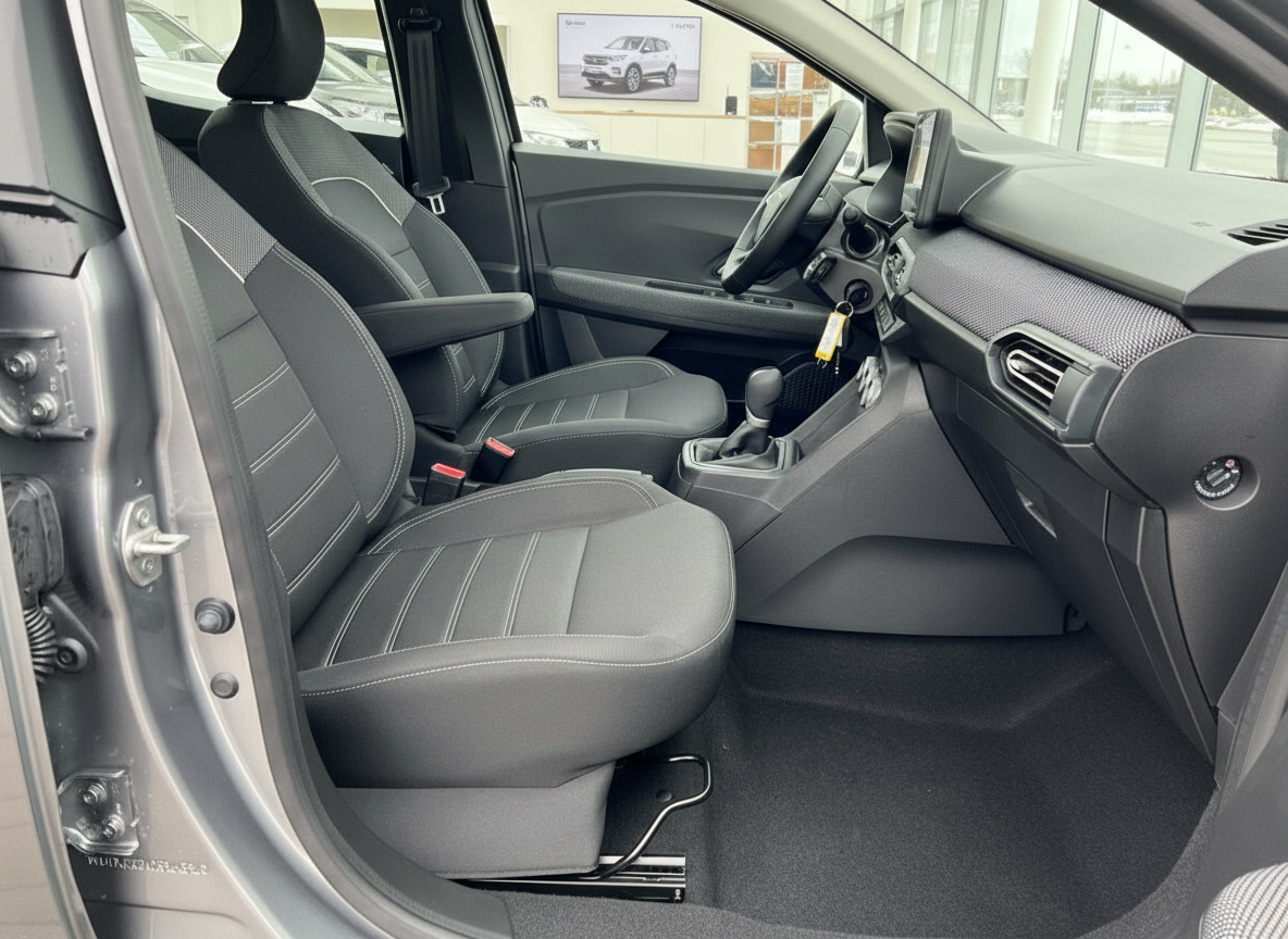 Innenraum Beifahrerseite mit grauen Stoffsitzen und Schaltgetriebe im Autohaus