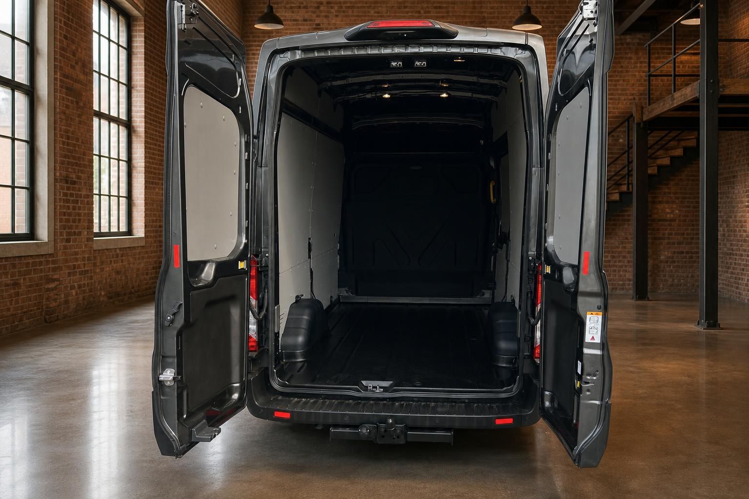 Ford Transit Kastenwagen – geöffnete Hecktüren mit großem leerem Laderaum und Anhängerkupplung