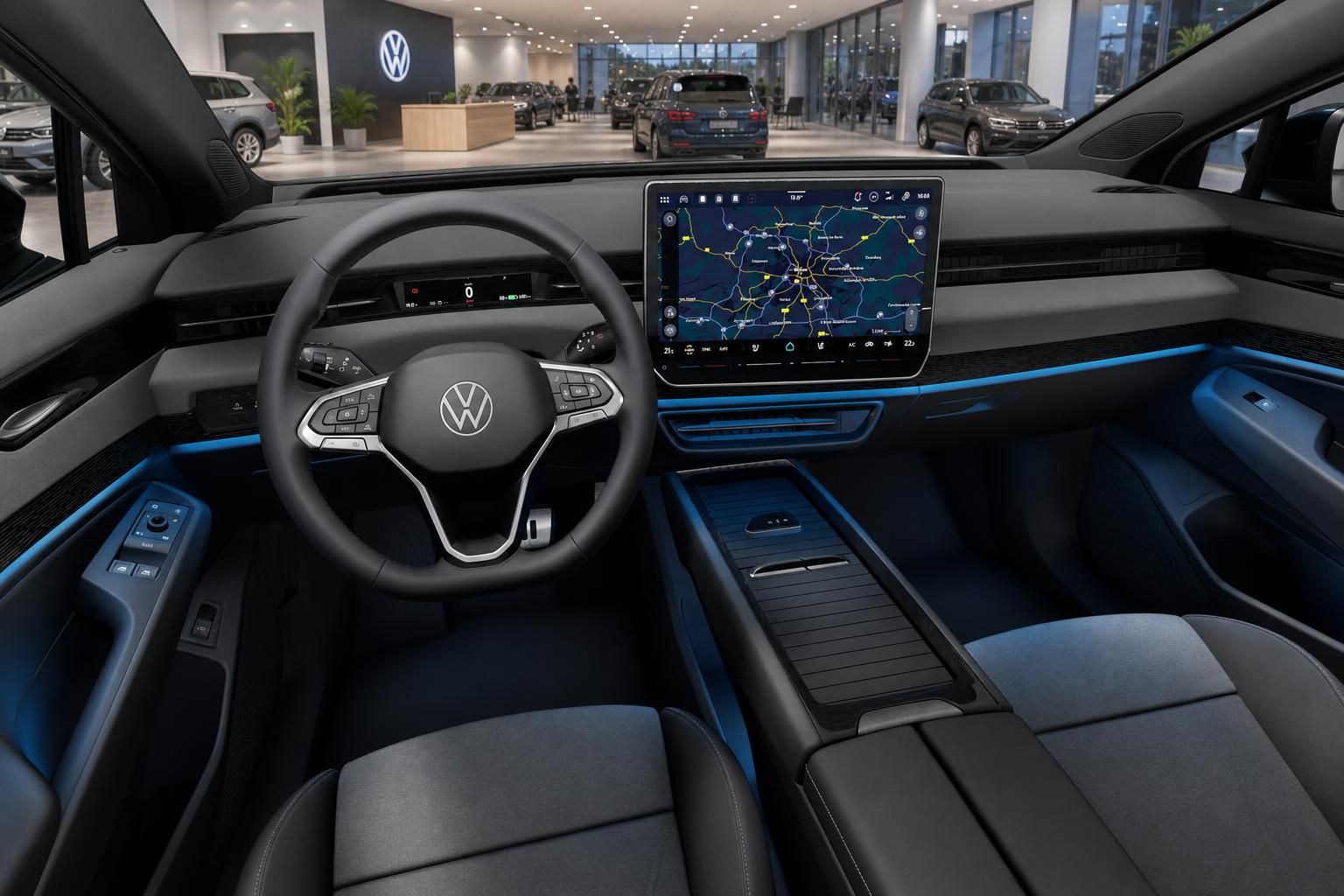 VW ID.7 Cockpit mit Lenkrad und digitalem Infotainment-Display