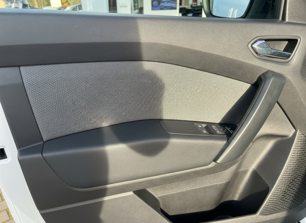 Fahrzeugtür Innenansicht mit Fensterheber und Türgriff in grauem Interieur