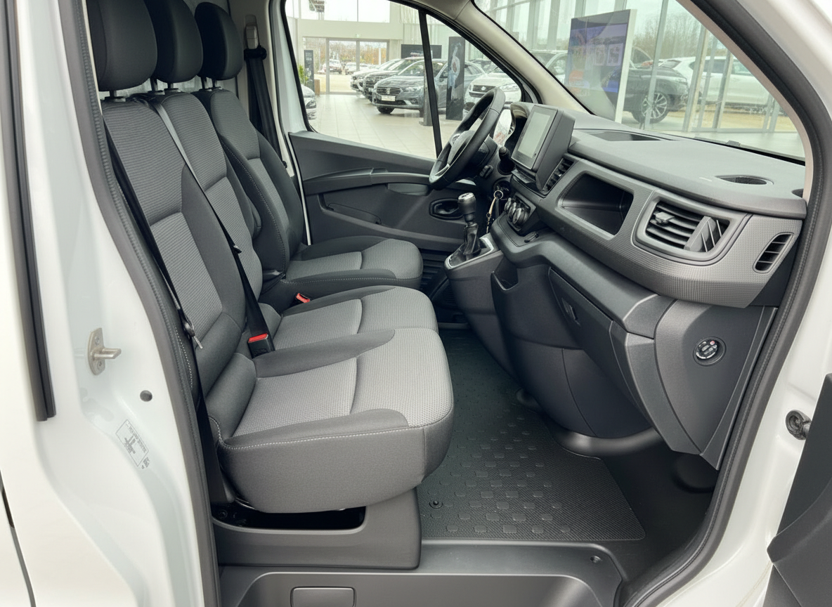 Innenraum eines weißen Transporters mit grauem Dreisitzer-Cockpit und Touchscreen-Navi