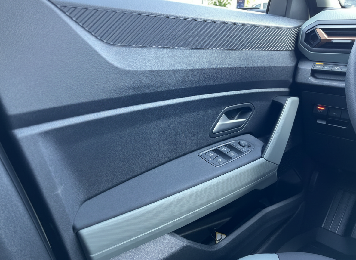 Fahrzeugtür Innenraum mit Fensterheber-Schalter und Türverkleidung in Dunkelgrau