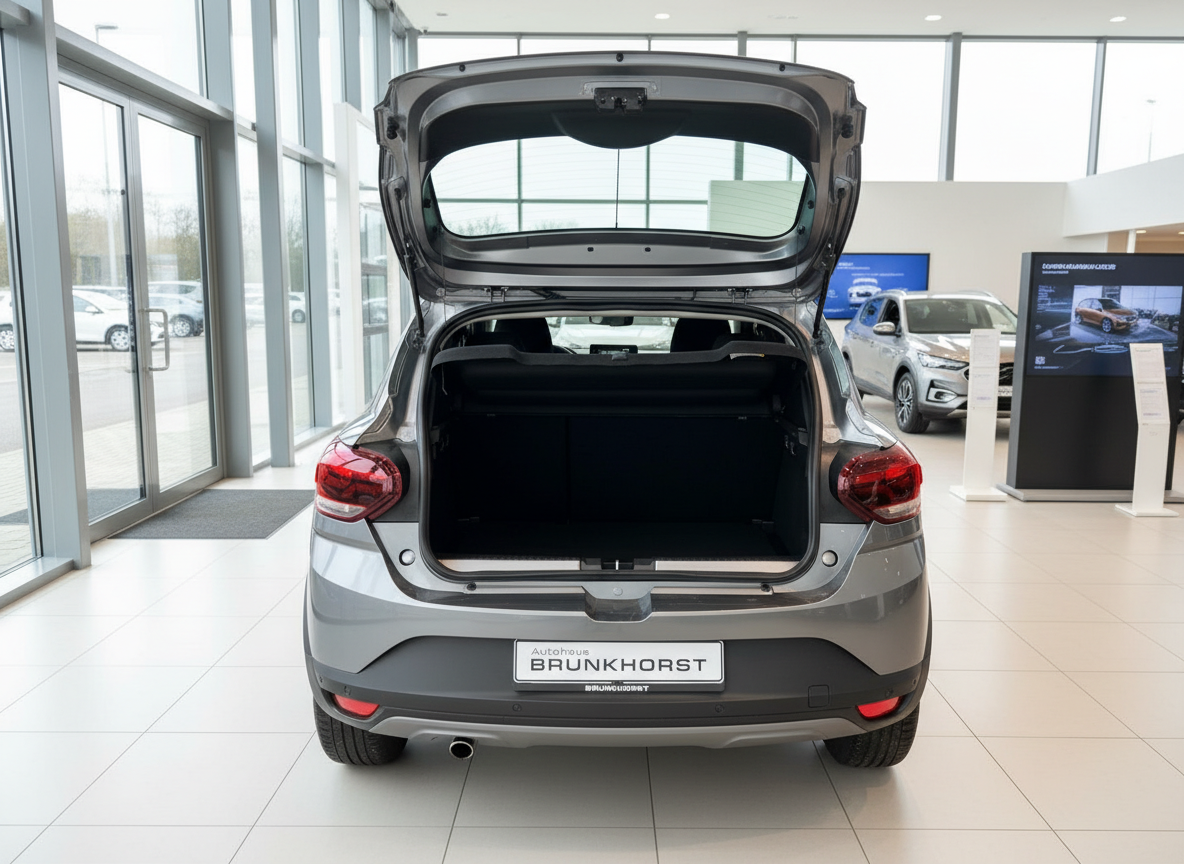 Grauer Renault Clio Heckansicht mit geöffnetem Kofferraum im Autohaus Brunkhorst