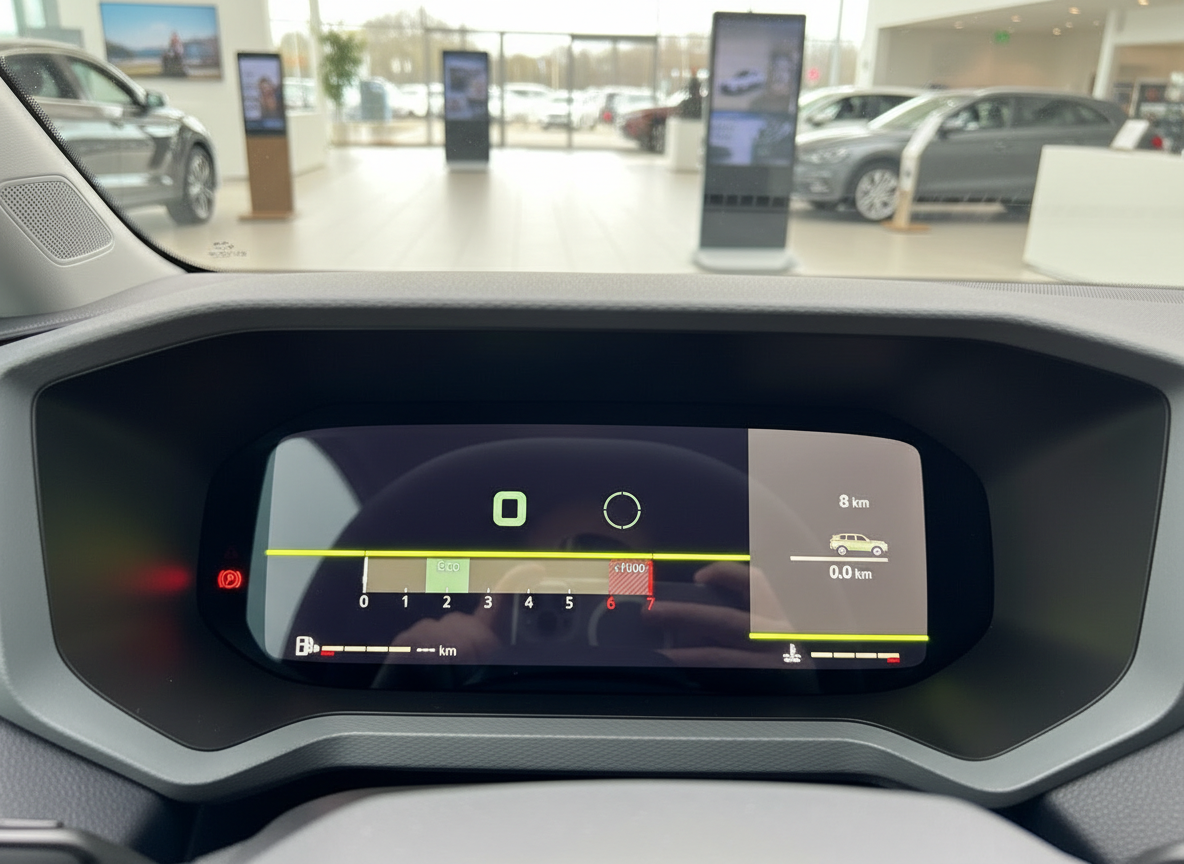 Digitales Cockpit-Display im Volkswagen Innenraum im Autohaus