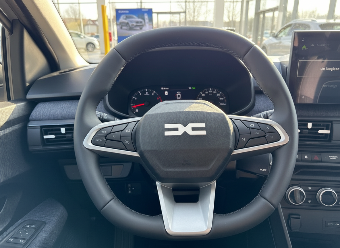 Dacia Innenraum Lenkrad mit modernem Cockpit und Infotainment-Display im Autohaus