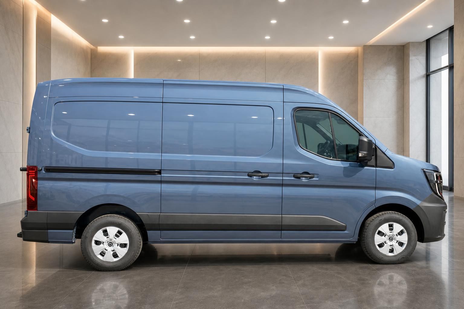 Renault Transporter blau Seitenansicht - moderner Kastenwagen mit hochwertiger Ausstattung