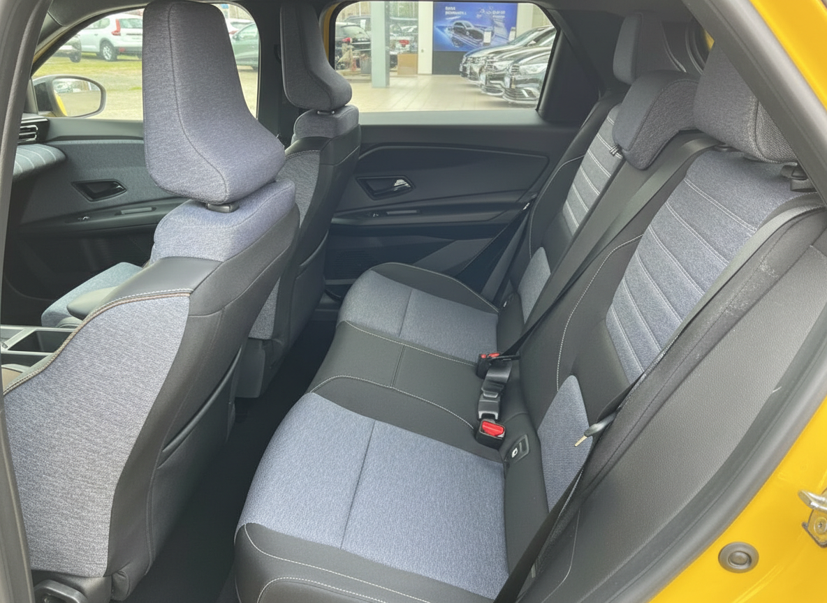 Innenraum Rücksitzbank eines gelben SUV mit grau-schwarzen Stoffsitzen und Sicherheitsgurten