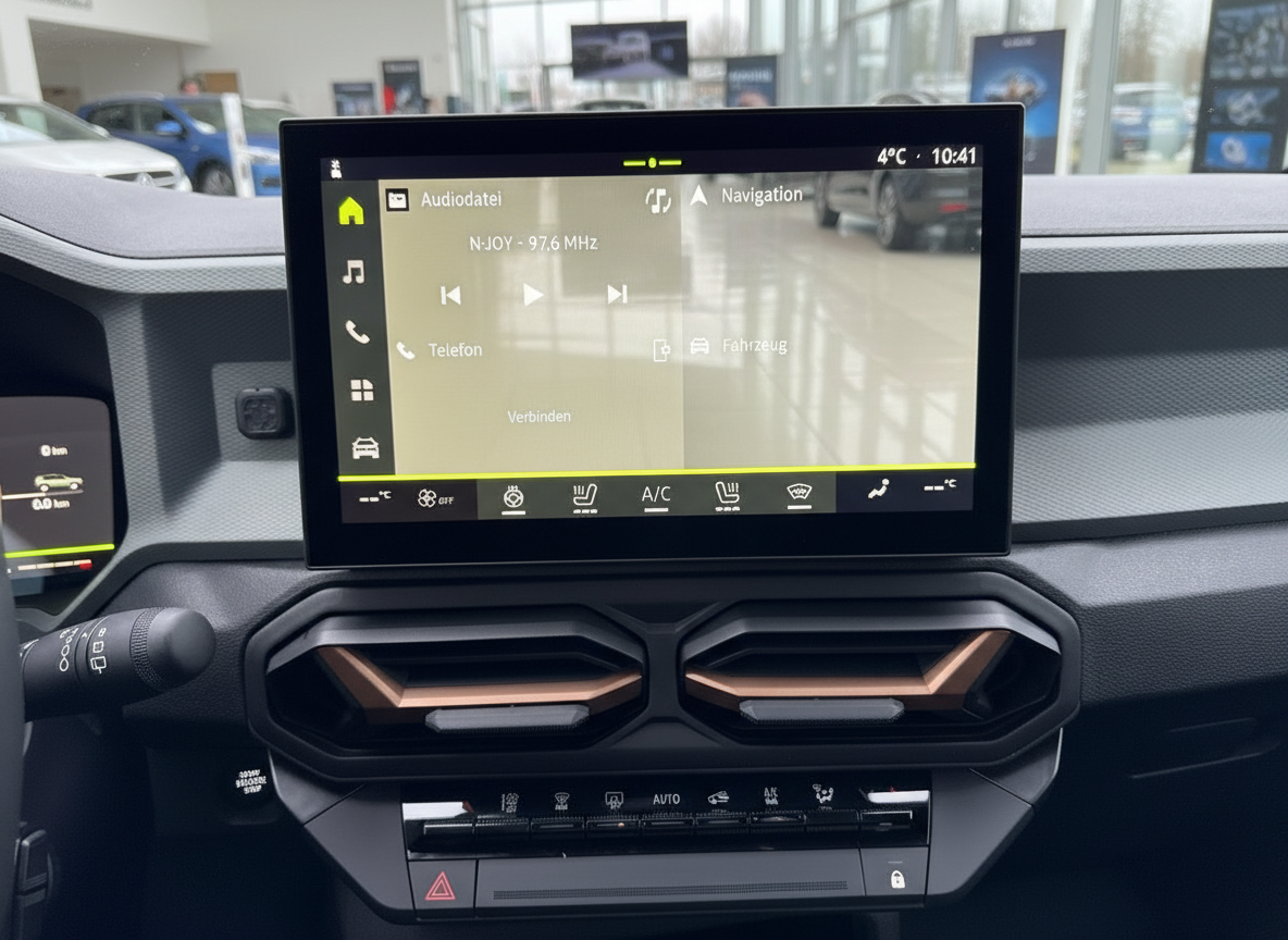 Dacia Innenraum Infotainment-Display mit Navigation und Audiofunktion im Autohaus