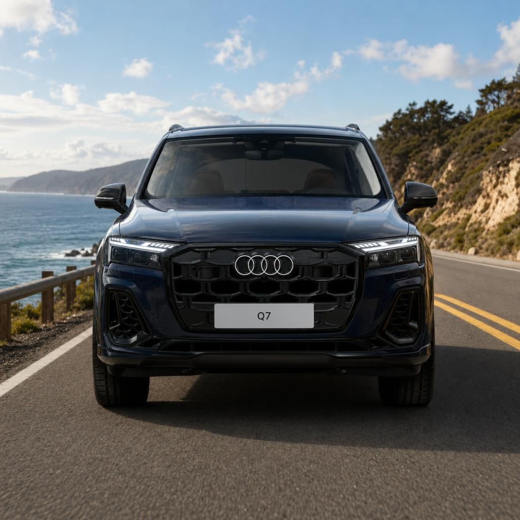 Audi Q7 Frontansicht in dunkelblau auf Küstenstraße mit Meerblick und dramatischer Landschaft