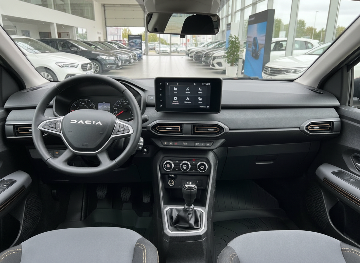 Dacia Sandero Innenraum Cockpit mit Touchscreen Infotainment und Schaltgetriebe