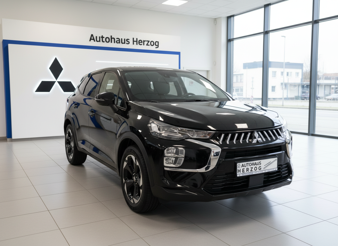 Schwarzer Mitsubishi ASX SUV im Autohaus Herzog Showroom – Frontansicht