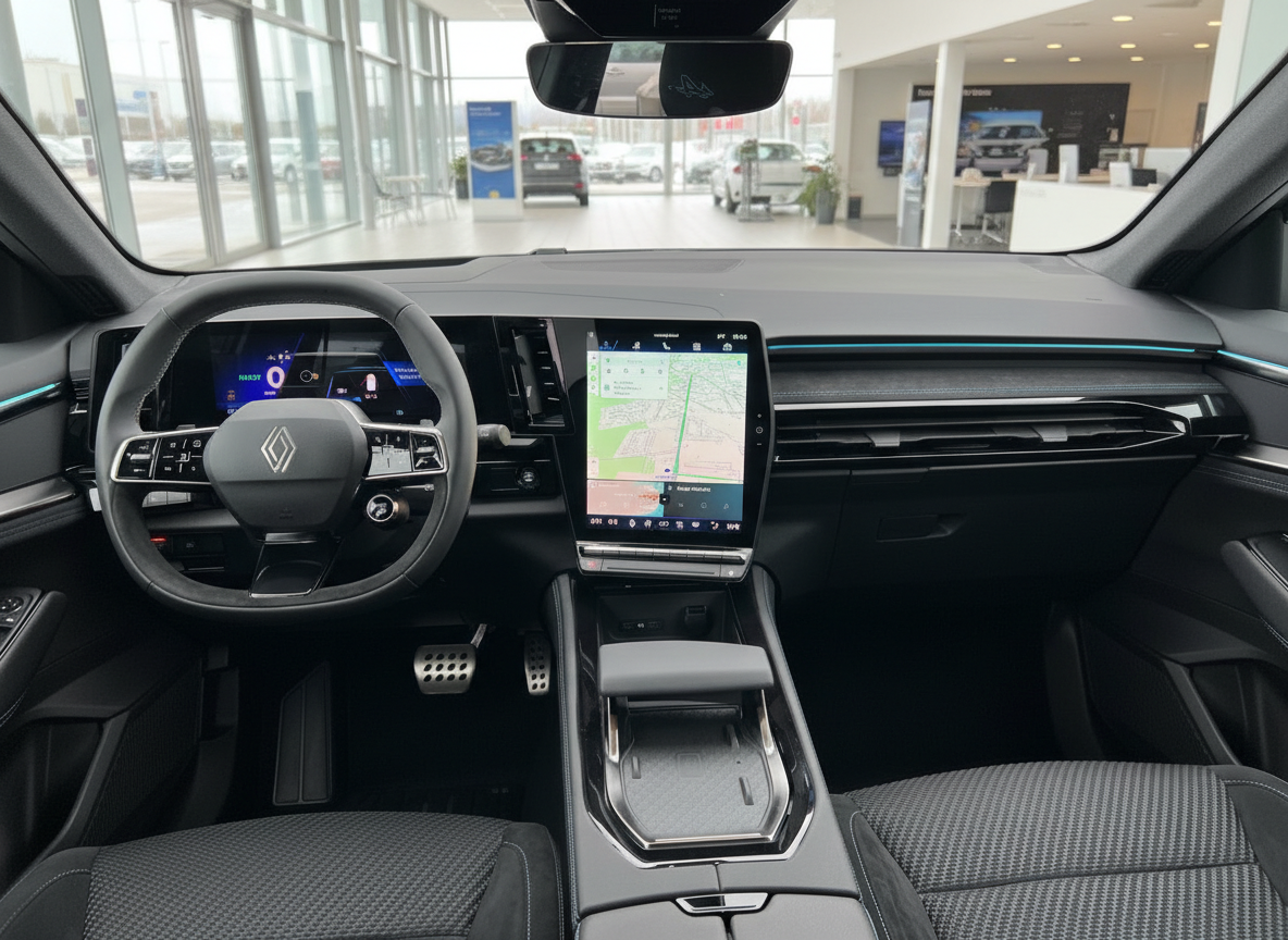 Renault Innenraum mit digitalem Cockpit, großem Touchscreen und Navigationssystem