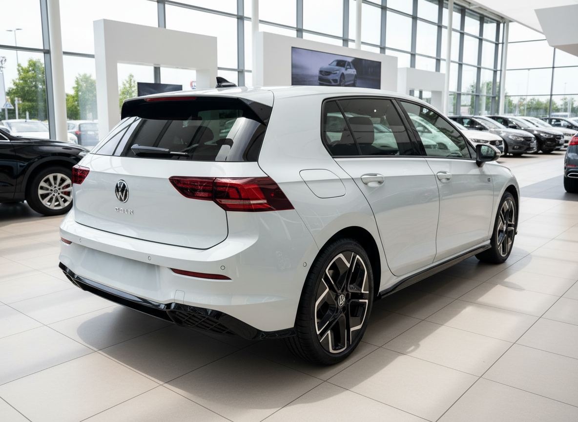 Weißer Volkswagen Golf R Hatchback Heckansicht im Autohaus Showroom