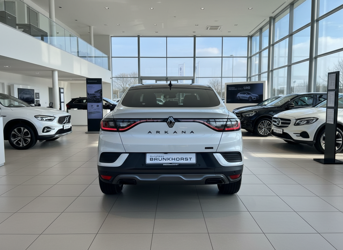 Renault Arkana Weißer SUV-Coupé Heckansicht im Autohaus Brunkhorst Showroom