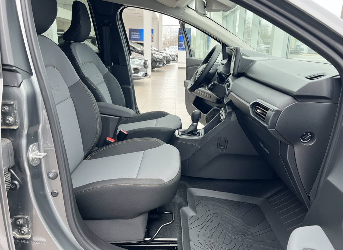 Innenraum Beifahrerseite mit grauen Stoffsitzen und Gummimatten im Autohaus