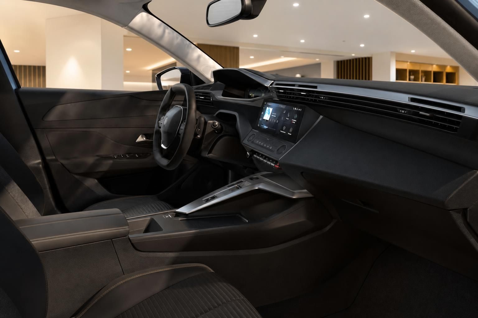 Fahrzeug Innenraum mit Cockpit, Lenkrad und Touchscreen Display