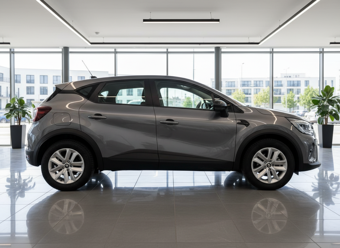 Renault Captur in Grau metallic Seitenansicht im Autohaus Showroom