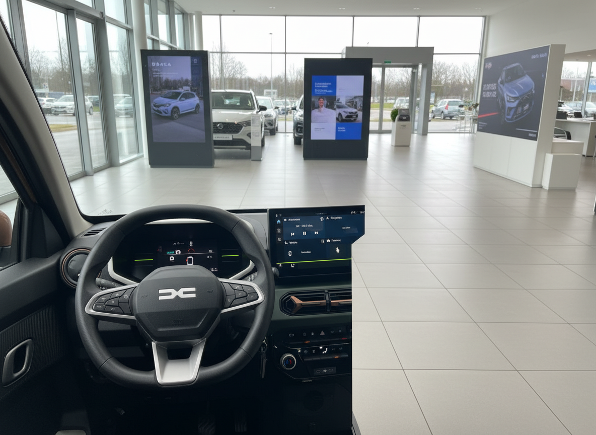 Dacia Innenraum mit Lenkrad und Infotainment-Display in modernem Autohaus-Showroom