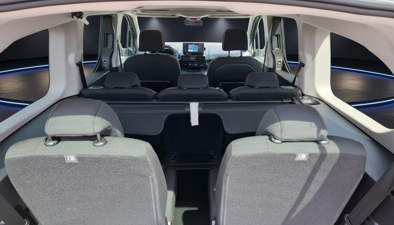 Fahrzeug Innenraum mit mehreren Sitzreihen, schwarzen Vordersitzen und grau-grünen Rücksitzen