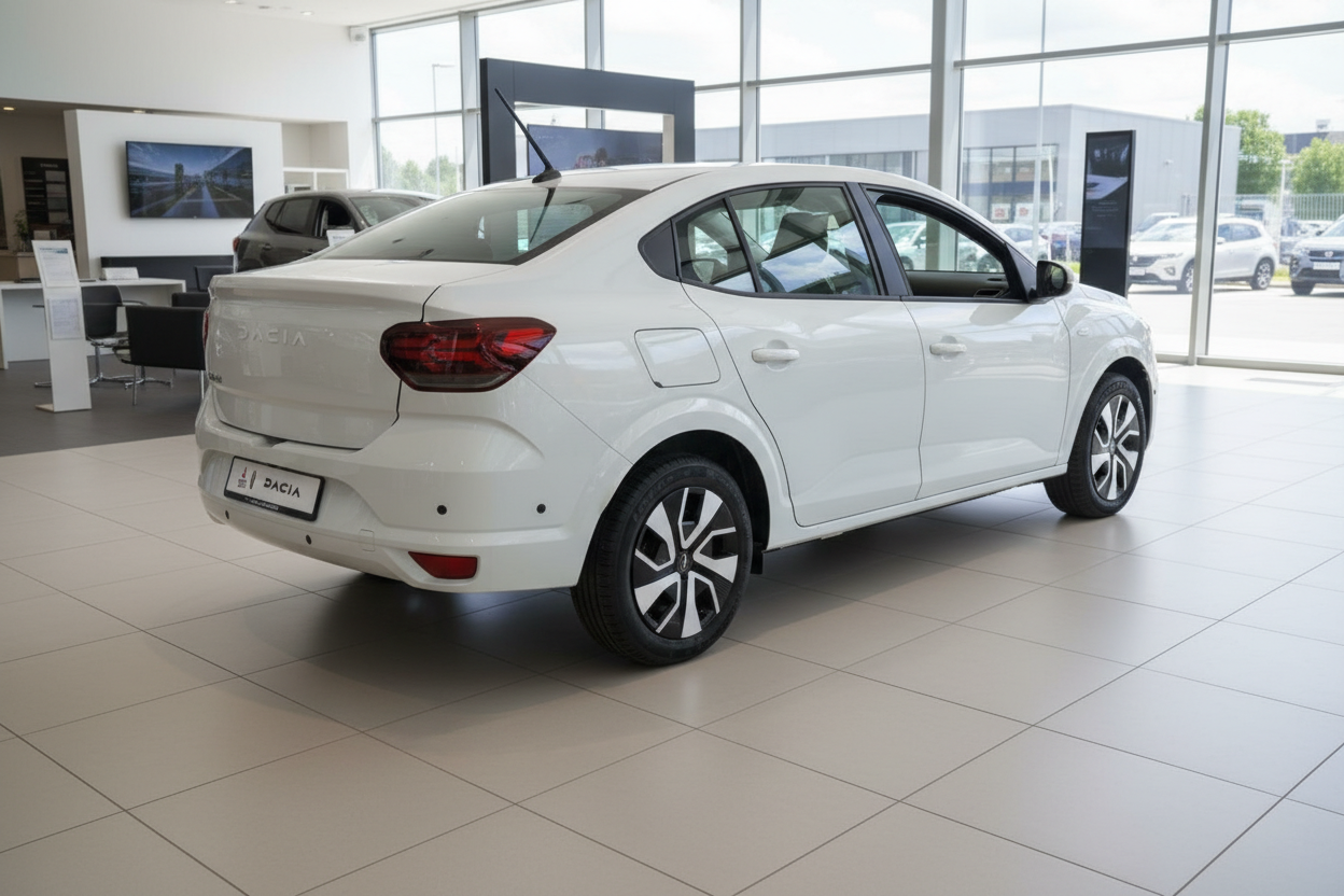 Dacia Logan Limousine in Weiß – Heckansicht im Autohaus-Showroom