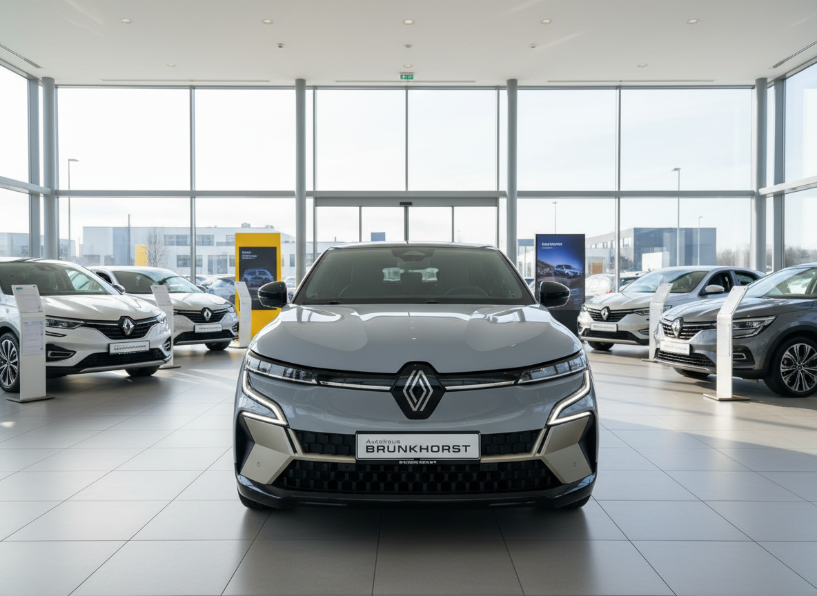 Renault Megane E-Tech Electric in Grau – Frontansicht im Autohaus Brunkhorst Showroom
