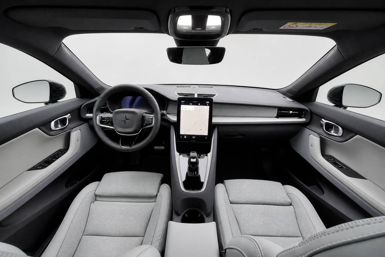 Cockpit-Ansicht mit Lenkrad, Navigationsdisplay und hellgrauer Innenausstattung