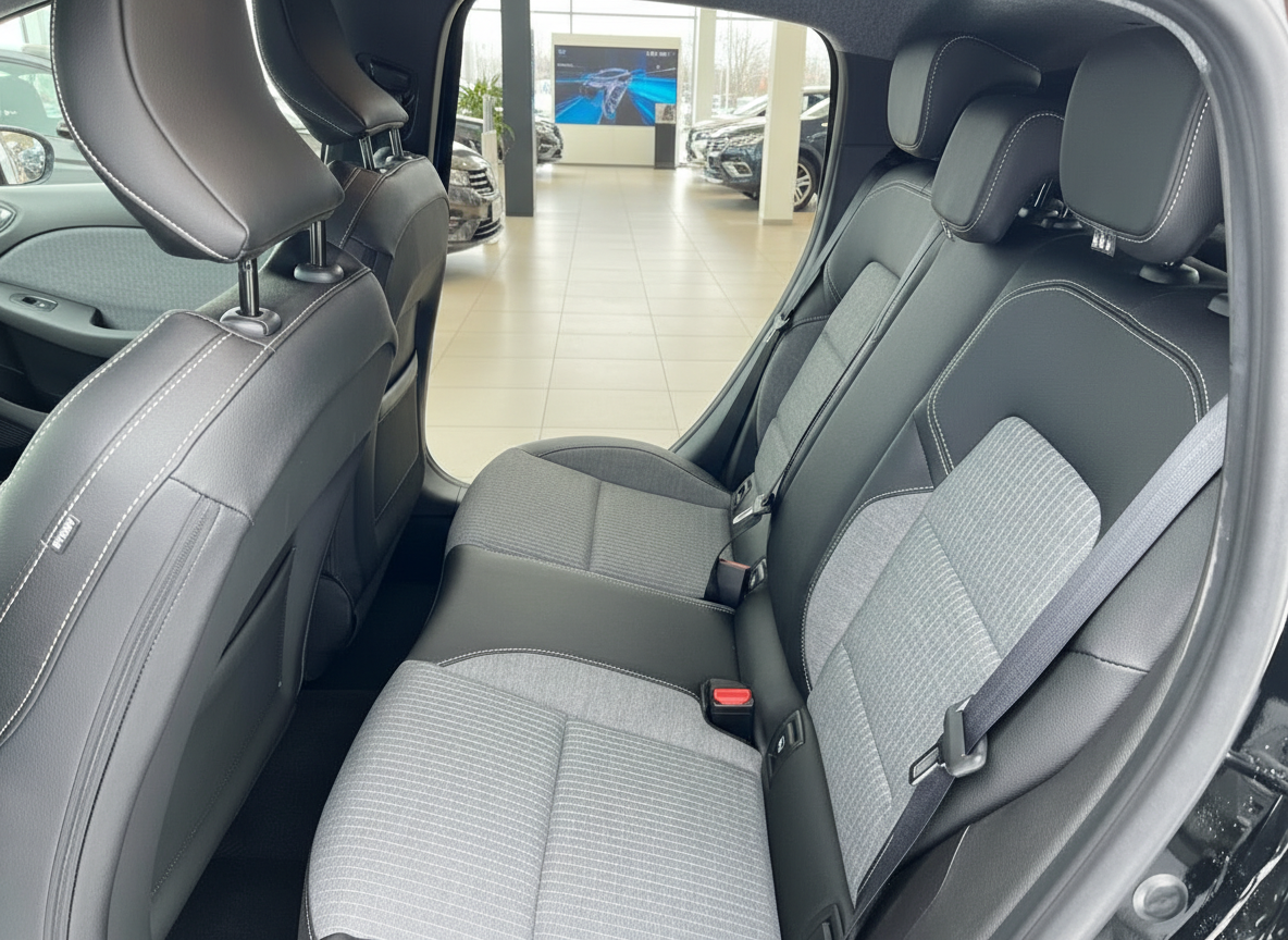 Fahrzeug Innenraum Rücksitzbank mit grau-schwarzen Stoffsitzen und Sicherheitsgurten im Autohaus